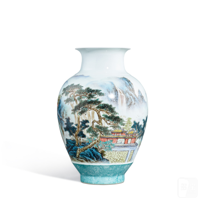 A famille-rose 'landscape' vase, Juren Tang hall mark, Republican period | 民國 粉彩山水圖瓶 《居仁堂製》款